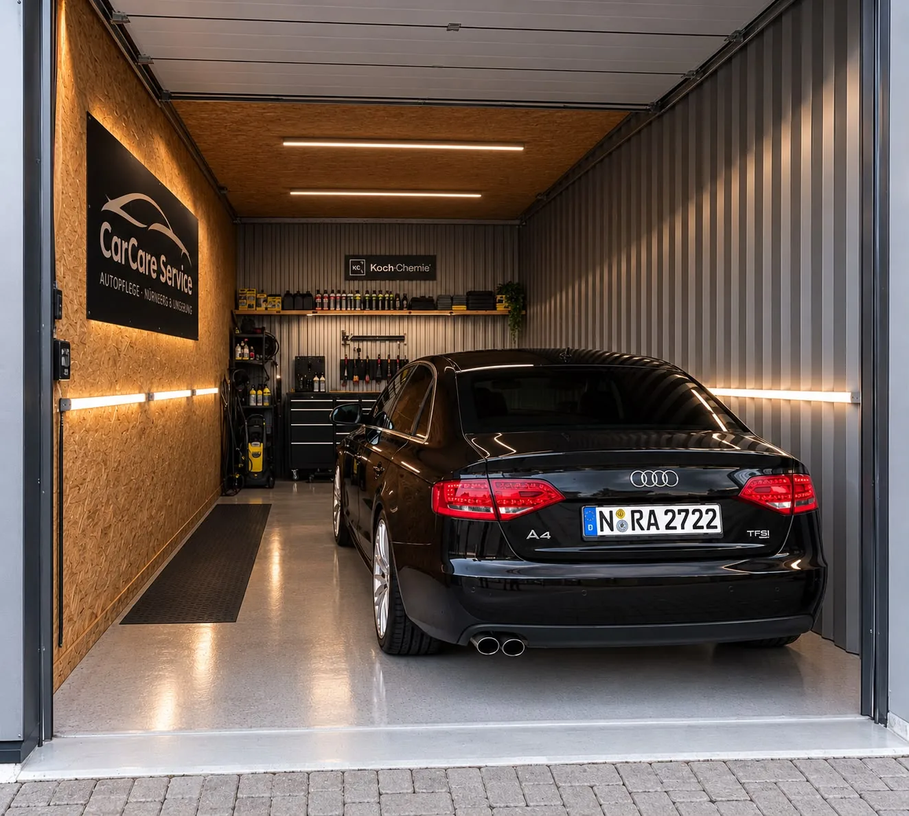 Innenansicht unserer Garage in Roth-Eckersmühlen mit Audi A4, Profi-Reinigungsmitteln und Werkzeugwagen